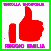 a red thumbs up sign with the name reggio emilia on it