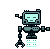 a pixel art illustration of a robot with a skull on its head and a robotic arm .