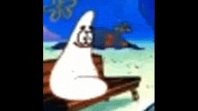 patrick star from spongebob squarepants is sitting on a bench with a squid in the background .