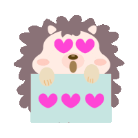 a hedgehog with pink hearts in its eyes holds a sign