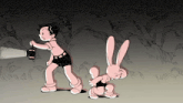 a cartoon drawing of a boy and a bunny