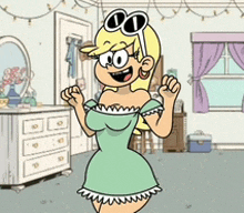 a cartoon of a woman in a green dress and sunglasses standing in a room .