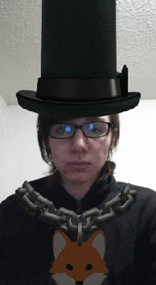 a woman wearing glasses and a top hat is chained to a fox