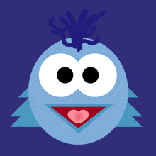 a blue bird with a purple mohawk has a heart in its mouth