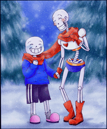 two skeletons are standing next to each other in the snow holding hands .