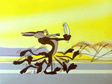 a cartoon of a coyote running with a knife in his hand