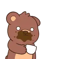 a cartoon of a teddy bear holding a cup of coffee with coffee coming out of its mouth