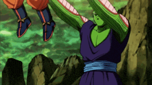 piccolo from dragon ball z is flying through the air with his arms outstretched while fighting goku .
