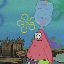 patrick star from spongebob squarepants is drinking water from a bottle