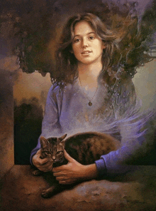 a painting of a woman holding a cat with a necklace that says ' amanda ' on it