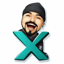 a cartoon drawing of a man with a beard and a beanie laughing behind a large letter x