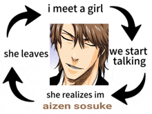 a picture of a man with the words i meet a girl she leaves we start talking she realizes im aizen sosuke on it