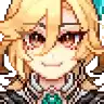 a pixel art drawing of a girl with blonde hair and a blue bow on her head .