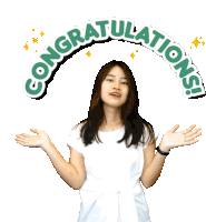 a woman is clapping her hands in front of a congratulations sign
