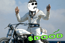 a man is riding a harley davidson motorcycle with a dollar sign in the background