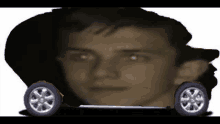 a close up of a man 's face with a car wheel in front of it .