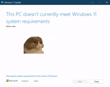 a computer screen that says this pc does n't currently meet windows 11 system requirements on it
