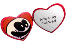 a heart shaped mirror that says arbys my beloved on it