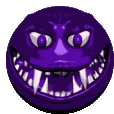 a close up of a purple smiley face with sharp teeth .