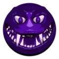 a close up of a purple smiley face with sharp teeth .