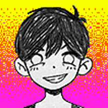 a black and white drawing of a boy with a rainbow background .