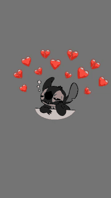 a black and white drawing of stitch surrounded by hearts on a gray background .