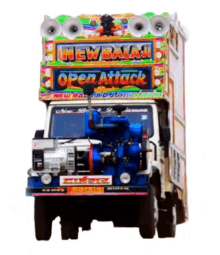 a colorful truck that says new balaji open attack on the front