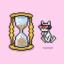 a pixel art drawing of a cat and an hourglass