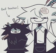 a drawing of a teacher with a 100 on her head standing next to another teacher