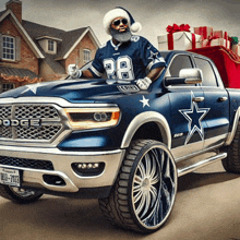 a man wearing a santa hat is driving a dodge ram truck