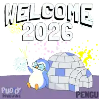 a penguin sitting in front of an igloo with the words welcome 2026 written above it