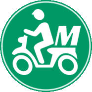 a person is riding a scooter with the letter m on it