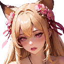 a girl with fox ears and flowers in her hair is looking at the camera .