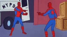 a cartoon of spider-man pointing at another spider-man in front of a nypd van .