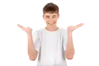a young boy in a white shirt is shrugging his shoulders and smiling