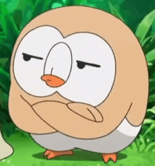 a cartoon owl is standing in the grass with his arms crossed and making a funny face .