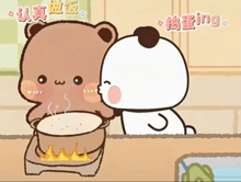 a cartoon of a bear kissing another bear on the cheek while cooking