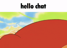 a cartoon bear with a purple nose is looking at the camera with the words `` hello chat '' below it .
