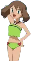 a cartoon girl in a green bikini is standing with her hand on her hip and smiling .