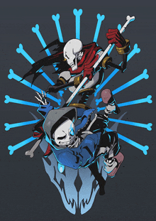 a drawing of papyrus and sans fighting each other with bones in the background