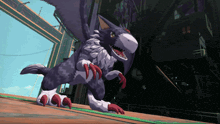 a black and white monster with red claws is standing on a wooden floor