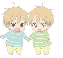 two anime babies are holding hands and looking at the camera .