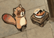 a cartoon squirrel is standing next to a bowl of food on a stool .