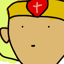 a cartoon drawing of a man wearing a yellow headband with a red heart and a cross on it