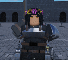 a girl with a flower crown on her head stands in front of a large building