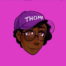 a cartoon character wearing a purple hat that says thom on it