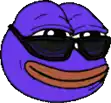 a purple pepe the frog wearing sunglasses and a smile .