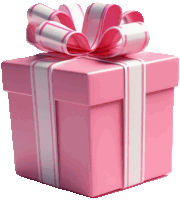 a pink gift box with a pink and white striped ribbon