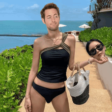 a man in a swimsuit is standing next to a woman in a bikini