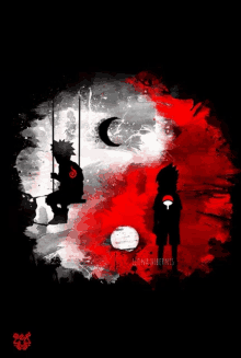 a painting of a boy sitting on a swing and a boy standing in front of a moon